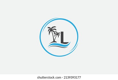 Diseño del logo de arte vectorial de la ola de agua de la naturaleza y del árbol de playa con letra y alfabeto