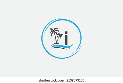 Diseño del logo de arte vectorial de la ola de agua de la naturaleza y del árbol de playa con letra y alfabeto