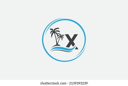 Diseño del logo de arte vectorial de la ola de agua de la naturaleza y del árbol de playa con letra y alfabeto