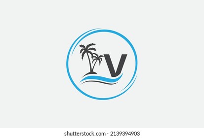 Nature water wave and beach tree vector art logo design with the letter and alphabet