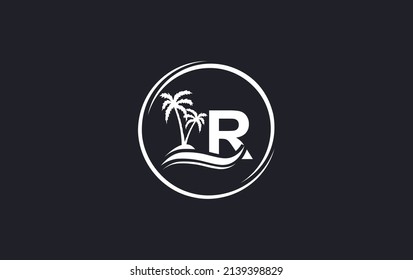 Diseño del logo de arte vectorial de la ola de agua de la naturaleza y del árbol de playa con letra y alfabeto