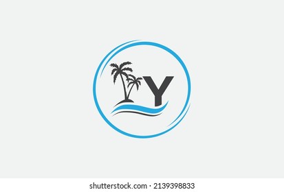 Nature water wave and beach tree vector art logo design with the letter and alphabet
