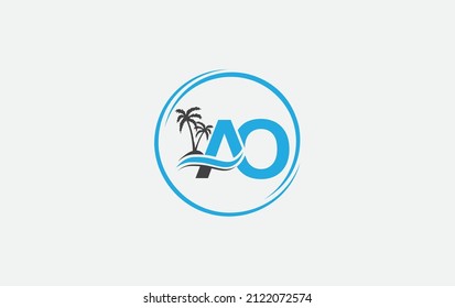 Nature water wave and nature Palm tree on the beach. Water wave and palm tree art, logo design with alphabets AO