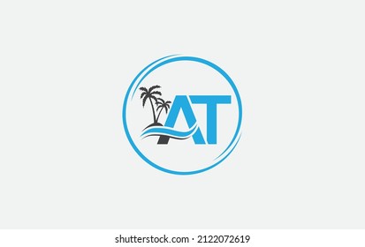 Nature water wave and nature Palm tree on the beach. Water wave and palm tree art, logo design with alphabets AT