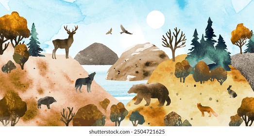 Nature watercolor vector background with river, trees, deer, bear, wolf, Wild boar, hare, fox, birds, mountains and space for text. Autumn illustration for poster, book, banner, card