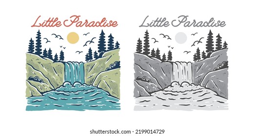 nature waterfall illustration vintage design