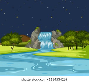 Nature waterfall landscape at night illustration