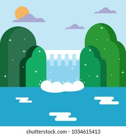 Nature Waterfall and mountain Landscape flat design.Vector illustration EPS10.