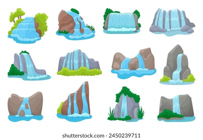 Nature waterfall set. Isolated waterfalls cartoon, mountains or rocks, tree, bushes and grass. Natural elements for landscapes, neoteric vector set