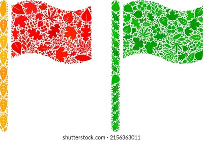 Nature waving flag icon collage of floral leaves in green and natural color tones. Ecological environment vector template for waving flag icon.