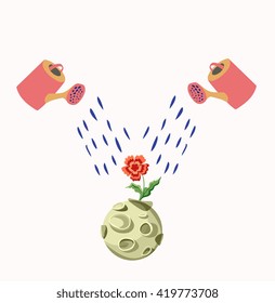 Nature. Way to help save the environment. Earth, flower and  watering cans.