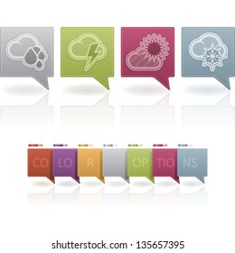 Nature and Weather Icons Set from left to right: Rainy weather, Storm Weather, Sunny Weather, Snowy Weather.