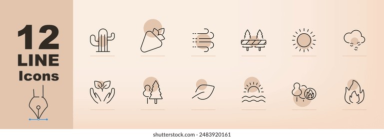 Nature and weather set icon. Cactus, mountain, wind, fence, sun, clouds, leaves, tree, leaf, sunrise, forest, fire, environmental changes, climate symbols, natural elements