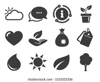 Nature and weather signs. Discount offer tag, chat, info icon. Garden sprout, leaf icons. Sun, cloud and tree symbols. Classic style signs set. Vector