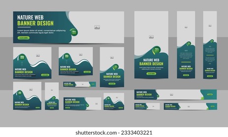 Plantilla web de diseño de banner web de naturaleza Set, banner web de encabezado horizontal. Fondo de encabezado de cubierta verde degradado moderno para diseño de sitios web, banner de anuncios de cubierta de medios sociales