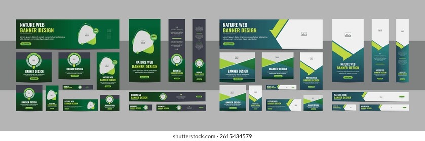 Nature web banner design web template Set, Horizontal header web banner. Modern Gradient green cover header background for website design, Social Media Cover ads banner, flyer, invitation card banner