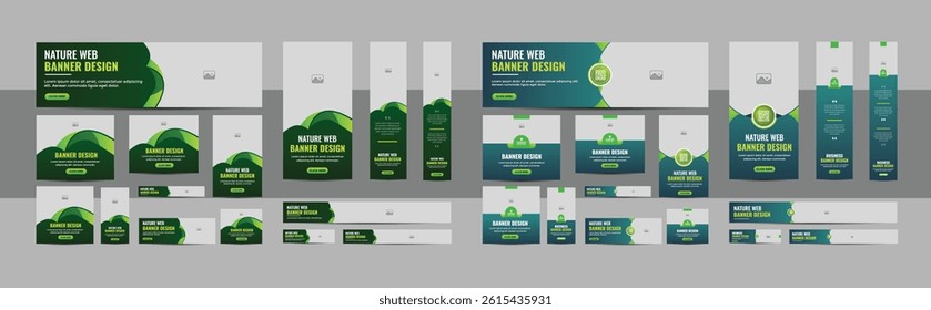 Nature web banner design web template Set, Horizontal header web banner. Modern green cover header background for website design, Social Media Cover ads banner, flyer, invitation card bundle