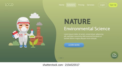 Nature website template. Illustration of a cartoon environmental scientist measures soil pollution near a factory. Composition with a professional. Flat character.