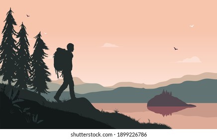 Nature wellbeing - Male person walking with backpack in landscape with lake and forest and background. Stress reduction and walking meditation concept. Vector illustration.