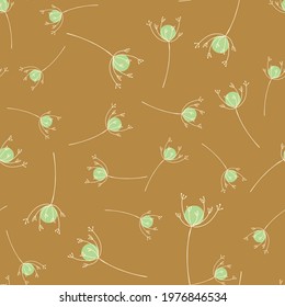 Nature wellness seamless pattern with doodle green random yarrow flowers. Brown background. Vector illustration for seasonal textile prints, fabric, banners, backdrops and wallpapers.