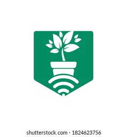 Nature Wi-Fi Vektorlogo-Design. Blumentopf und Wi-Fi-Symbol.