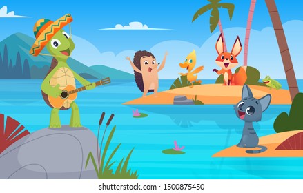 Nature wild animal singing and playing, vector cartoon turtle on lake background illustration