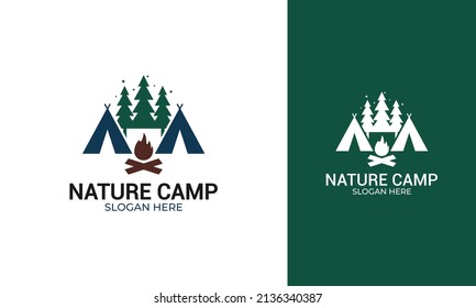 Nature wild camp logo design. Camping with forest and outdoor concept. Tent icon, campfire, and pine tree