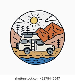 The nature wild and camping fun on the mountains in mono line vector for t shirt, badge, sticker. etc