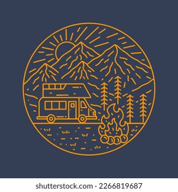 The nature wild and camping fun under star on the mountains in mono line vector for badge, sticker, patch, t shirt design, etc