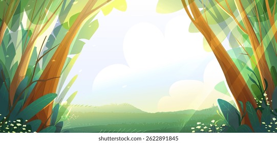 Nature wild landscape sunlit forest framing sunlit meadow in a shape of arch. Sunny meadow with blue sky in a peaceful forest background. Vector cartoon illustration, forest frame and meadow scenery.