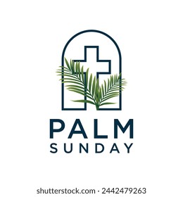 Nature Wild Palm leaf Flower with Christian Cross Crucifix for Church Community logo design