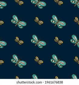 Nature wild seamless pattern with doodle butterfly folk elements. Botanic style. Navy blue background. Great for fabric design, textile print, wrapping, cover. Vector illustration.