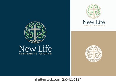 Nature Wild Vines Plant Flower with Christian Cross Crucifix for Church Community logo design	