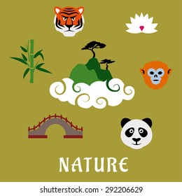 Nature And Wildlife Of China Flat Icons Of Mountain Top In Clouds With Pines, Surrounded By Panda, Tiger, Golden Snub Nosed Monkey, Lotus Flower, Ancient Bridge And Bamboo Icons