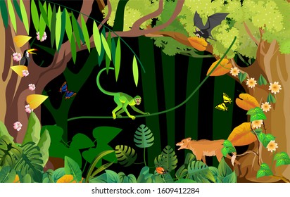 Nature, wildlife jungle scene, jungle animals,wolf and monkey, trees and grass frame, vector