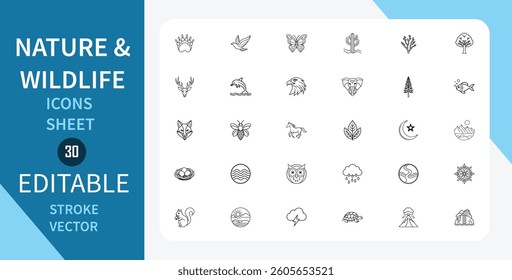 Nature and Wildlife line icons set. Animals, Plants, Natural elements and more. Outline vector icon in linear style. Editable stroke. Vector illustration.