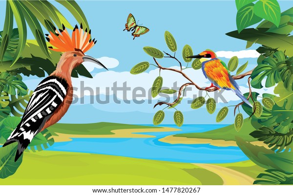 Nature
wildlife scene background with  plants and Hoopoe and kingfisher
birds.  floral frame on river landscape.
Vector