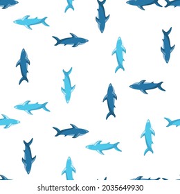Nature wildlife seamless pattern with blue shark silhouettes. Isolated backdrop. White background. Designed for fabric design, textile print, wrapping, cover. Vector illustration.