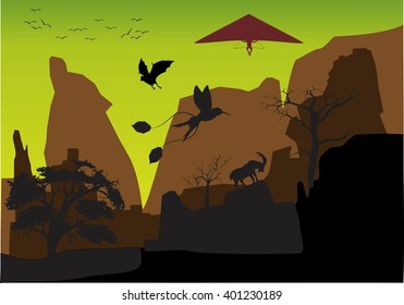 Nature wildlife vector silhouette scene. Mountams, trees, animals, rocks