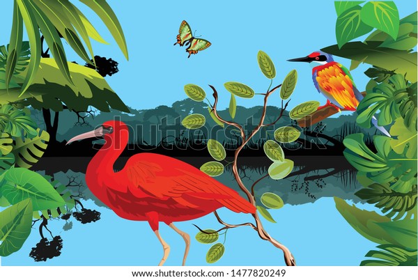 Nature wilflife scene background\
with  plants and birds.  floral frame on river landscape. Vector\
