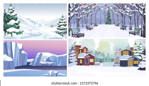 Nature in winter flat vector illustration set. Winter in mountains, park, glaciers, country. Tourism and nature concept