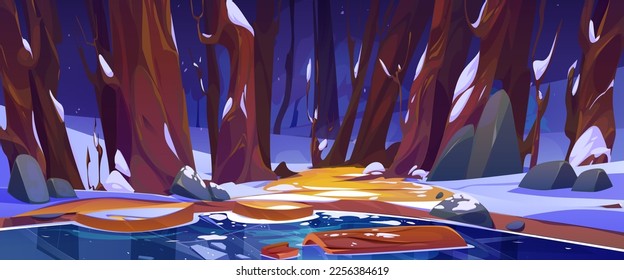 Nature winter forest scene with lake. Landscape with snowy trees, bushes, frozen pond and wooden log in water. River or stream coast, vector cartoon illustration