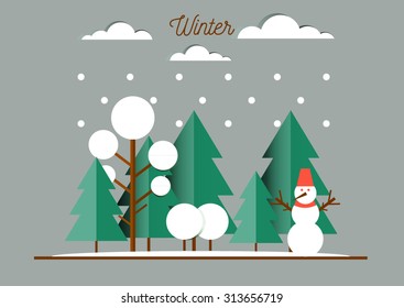 Nature, winter landscape with Christmas trees, snowmen, snow drifts. Happy New Year card