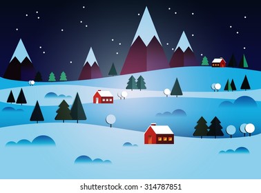 Nature, winter landscape with Christmas trees, houses, snow drifts, mounatins, starry sky, hill. Happy New Year card or poster. Village panorama