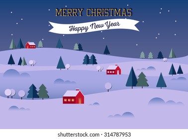 Nature, winter landscape with Christmas trees, houses, snow drifts, mounatins, starry sky, hill. Happy New Year card or poster. Village panorama