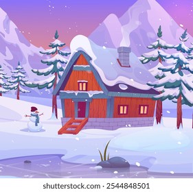 Nature winter landscape. Cold season scenery. Snowy trees. Pine forest. Wooden house. Frozen ice lake and snowman. Wild mountains. Christmas panorama. Home chimney smoke. Rock peaks. Vector background