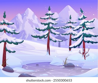 Nature winter landscape. Cold season scenery. Snowy conifer trees. Pine forest. Frozen ice lake. Wild mountains. Christmas panorama. Rock peaks. Snowdrifts and snow on fir branches. Vector background