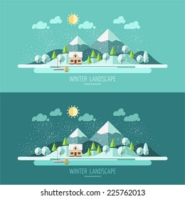 Nature - Winter Landscape. Vector Illustration In Flat Design Style.