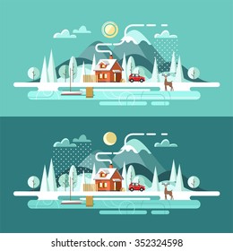 Nature. Winter landscape. Vector illustration in flat design style.