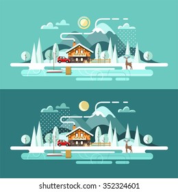 Nature. Winter landscape. Vector illustration in flat design style.